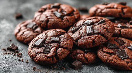 Chocolate cookies with chunks of dark chocolate scattered chaotically on a textured surface, creating a deliciously tempting dessert scene for food lovers and bakers