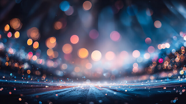 Abstract background featuring blurred stadium lights with vibrant colors creating a dynamic atmosphere, perfect for sports themes and event promotions with copy space