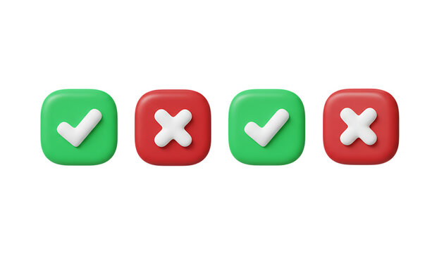 3D Green Checkmark and Red X Mark Buttons Set for Approval and Denia