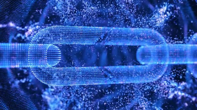 Digital Chain Breaking Apart - An abstract digital chain made of glowing blue pixels, visually breaking apart in a bright flash of light.