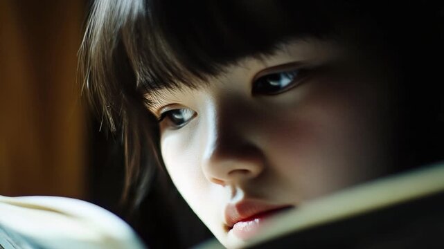 Video A young girl sits quietly reading a book by flashlight in a dark room, ideal for scenes of personal time or introspection