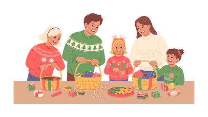 Joyful Festive Family Moments: A family is gathered around a table with baskets and gifts, engaging in festive preparation, encapsulating the spirit of togetherness and joy.