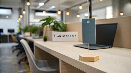 Minimalist office desk with signage and modern workspace elements