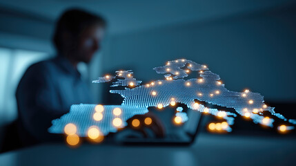 Illuminated European map displays interconnected network of glowing data points across continent.