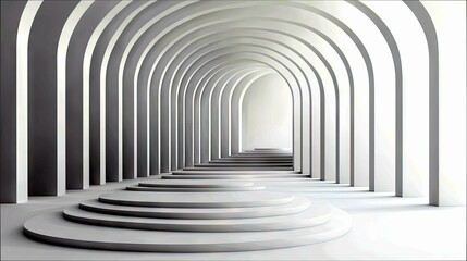 A symmetrical, minimalist architectural corridor with repeating arches and curved steps, bathed in bright light.