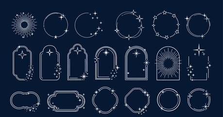 Collection of elegant silver frames and borders on dark blue background..