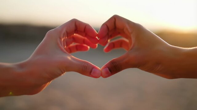 Close-up of two diverse hands forming a heart shape with warm golden hour light, symbolizing love and connection video footage