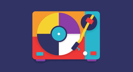 Colorful vinyl record player illustration on a dark blue background.