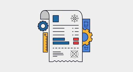 Detailed Invoice or Receipt with Gears and Ruler Illustrating Financial Management.