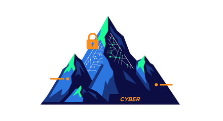 Cyber Security Concept with Mountain and Padlock Illustration.