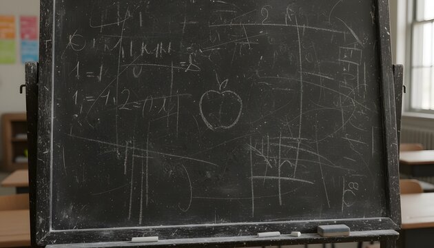 A close-up view of a traditional classroom blackboard filled with chalk drawings and equations, including an apple.