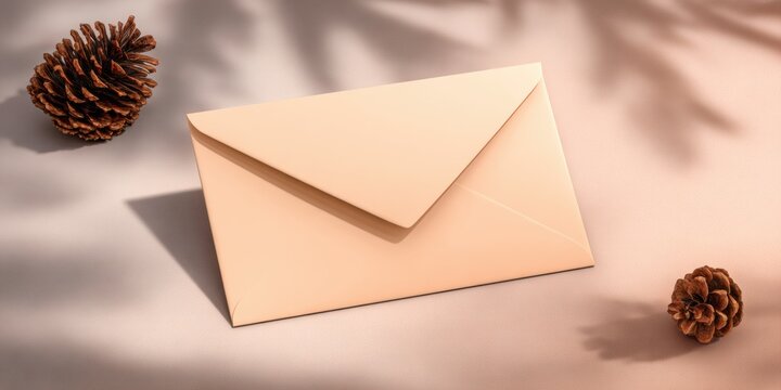 Ultra realistic greeting card and envelope mockup with pinecones for holiday designs