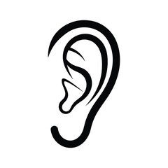 Stylized black and white illustration of a human ear, isolated on