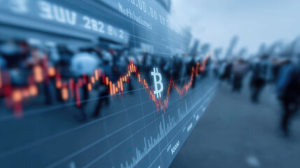 itcoin symbol overlays financial chart with trading data amid blurred crowd of investors.