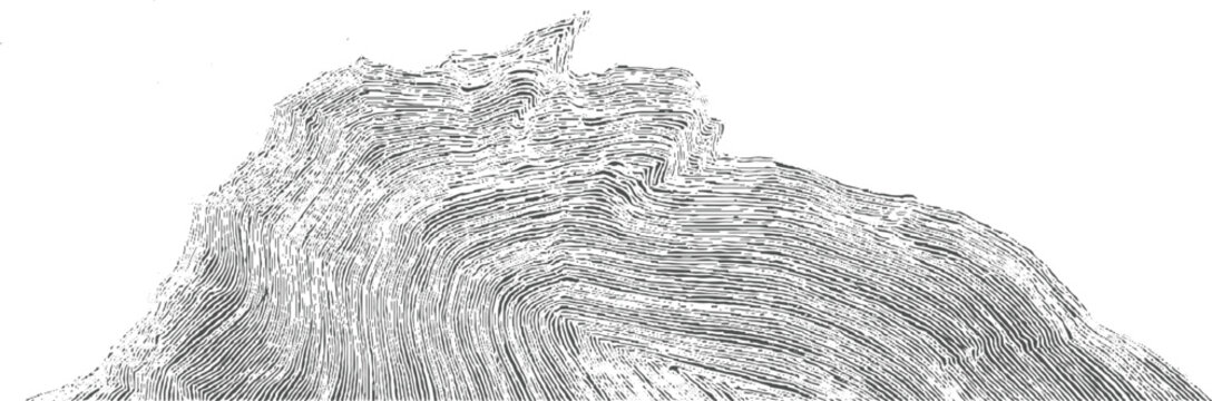 Detailed black and white illustration of folded geological strata and rock formations geology