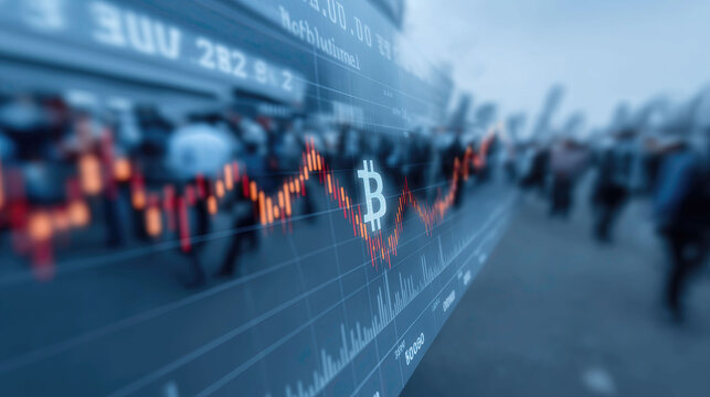 itcoin symbol overlays financial chart with trading data amid blurred crowd of investors.