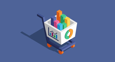 Shopping cart filled with colorful business data analysis charts.