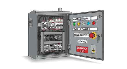 Fototapeta premium Open electrical control panel showing wiring components and buttons on a white background.