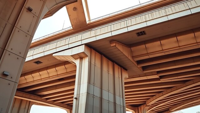nationalizing. Massive bridge pillar supporting elevated roadway with architectural detail in daylight. real-estate listings.