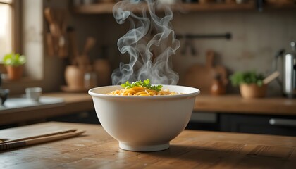 Delicious steaming pasta with fresh herbs in a cozy kitchen, perfect for food blogs, restaurant menus, and comforting culinary promotions now