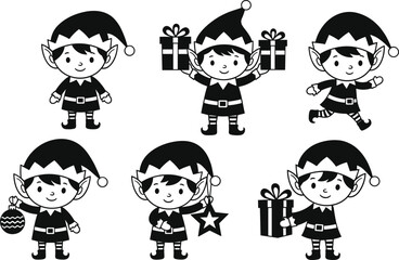 Cute Christmas elf characters holding gifts and decorations in various festive poses, perfect for holiday designs, seasonal graphics, and cheerful illustrations.