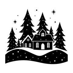 Naklejka premium Silhouette of winter landscape with houses, trees, snow, and stars in the night