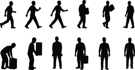 Collection of twelve black silhouettes of construction workers, builders wearing helmets, walking, carrying heavy boxes, lifting loads, standing isolated on white background, vector illustration set.