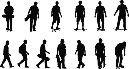 Collection of black silhouettes showing skateboarders riding and carrying boards isolated on white background for urban youth lifestyle and extreme sports vector design projects