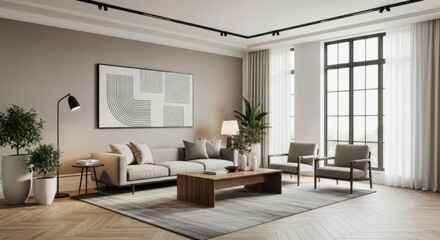 Fototapeta premium Modern Minimalist Living Room with Neutral Colors and Natural Light