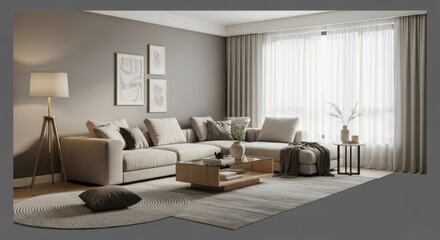 Modern Neutral Living Room with Beige Sofa and Natural Light Filling Space