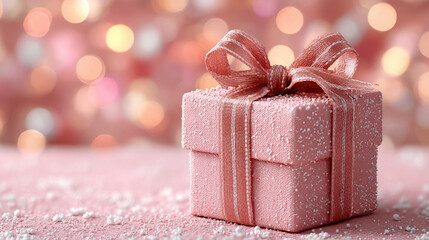 Pink gift box with ribbon and bow on a blurred bokeh background