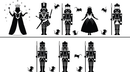 Elegant nutcracker characters with queen, princess, soldiers, drummer, and mice in festive holiday scene illustrated in detailed black silhouette vector style.