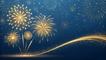 Golden fireworks exploding in a dark blue night sky with sparkling lights