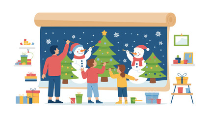 Joyful Christmas Decoration Scene: A family comes together to decorate their home for Christmas, creating a warm, festive atmosphere filled with love, tradition, and anticipation.