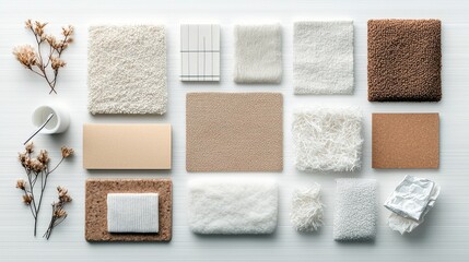 A collection of textured material samples in neutral tones, including fabric swatches, cork, and paper, arranged with dried flowers.