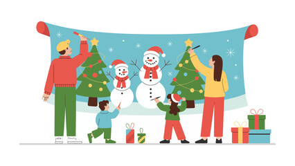 Festive Family Fun: A family is engaged in decorating and celebrating a joyous christmas, filled with warmth and the excitement of the holiday season. 