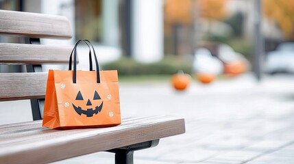 An orange trick-or-treat bag with a jack-o'-lantern face sits on a wooden park bench, with blurred pumpkins and autumn foliage in the background.