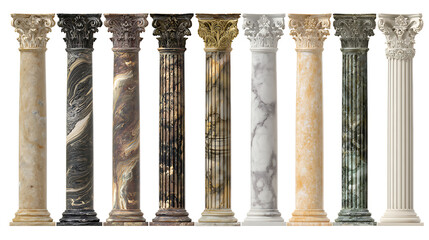 Collection of ornate classical columns in various marble patterns and colors stone