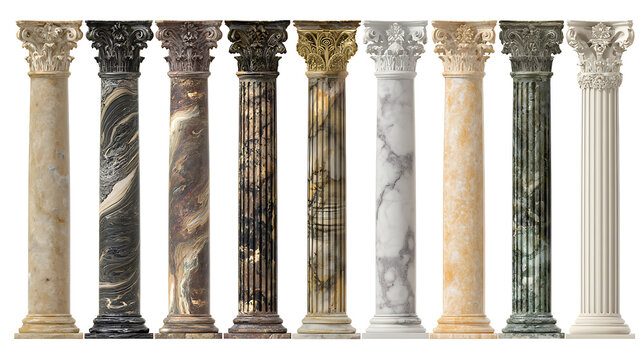Collection of ornate classical columns in various marble patterns and colors stone