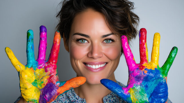 Female Art Teacher with Paint-Splattered Hands Smiling Mischievously
