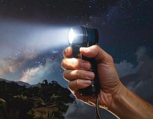 Hand holding flashlight illuminating a dark outdoor night with starry sky