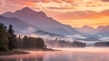 Fototapeta premium Soft dreamy landscape with misty mountains, sunrise glow, watercolor painting style, calm and magical atmosphere