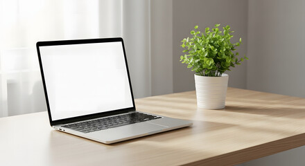 Fototapeta premium Digital Workspace: A modern laptop sits open on a minimalist desk, beside a potted plant, offering a glimpse of productivity and seamless integration of technology and nature. 