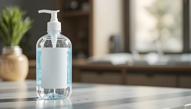 Elegant hand sanitizer on a modern kitchen counter promotes cleanliness and safety with a blank label for your brand message of health and hygiene