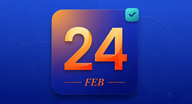 Vibrant digital calendar icon displaying the date february 24th with a checkmark, set against a deep blue gradient background for scheduling or planning concepts - Powered by Adobe