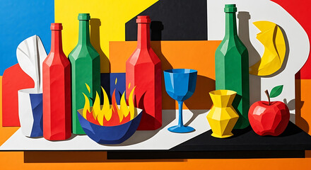 Colorful still life with bottles, fruit, and a bowl of fire on a white surface and colorful background