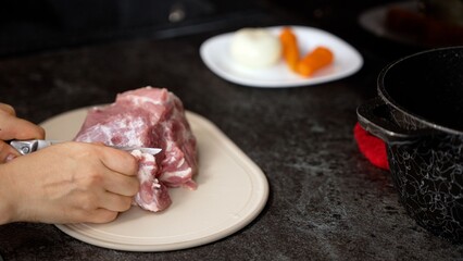 Hands slicing fresh pork meat for cooking meal