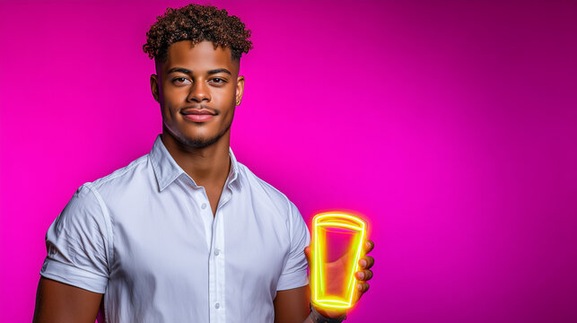 Young Male Bartender Winking and Juggling a Glowing Cocktail Shaker

