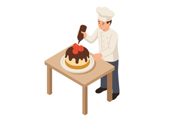 Professional baker decorating a delicious chocolate layer cake with fruit topping in a kitchen setting