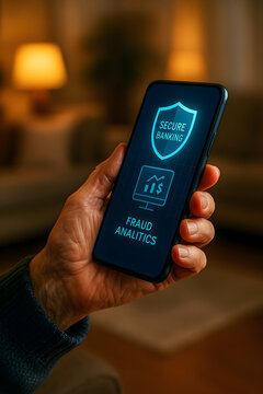 Senior hand holding smartphone with secure mobile banking fraud analytics app